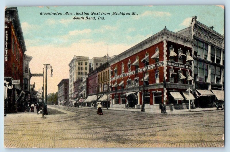 South Bend Indiana IN Postcard Washington Ave Looking West Michigan Street 1910