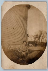 c1910's Little Boy With Cat Kitten House Scene RPPC Photo Antique Postcard