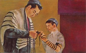 JUDAICA, Father & Son Preparing for Bar Mitzvah, Tefellin, Jewish Art 1969