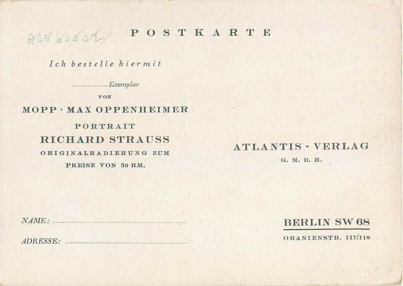 German artist etching postcard Mopp Max Oppenheimer portrait Richard Strauss