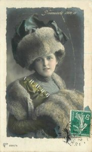 Beautiful Woman Big Hat Fur Muff C-1910 RPPC Photo Postcard Hand tint 21-1235