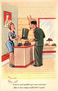 Comic Caricature Man With Horns Buying Heads Vintage Postcard 09.19