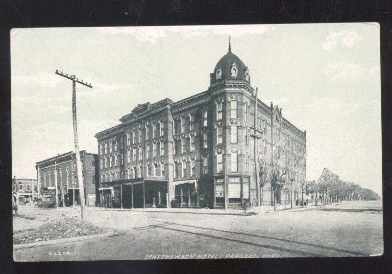 PARSONS KANSAS DOWNTOWN MATTHEWSON HOTEL B&W VINTAGE OLD POSTCARD