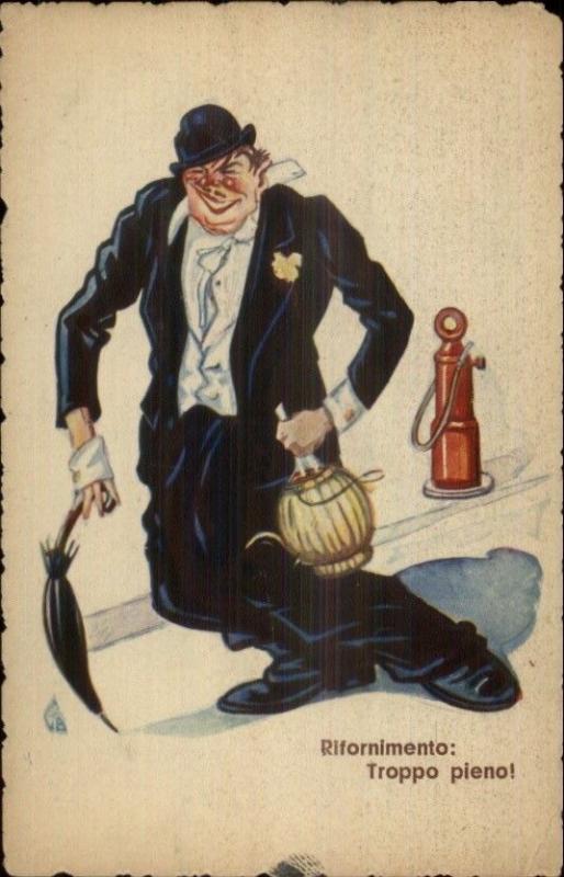 Wino Drunk Walking Down the Street - Fire Hydrant - Italian Comic Postcard