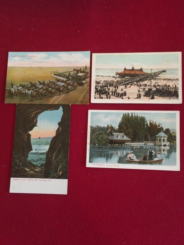 US 4 California Vintage Postcards Los Angeles, la Jolla,Long Beach, harvesting