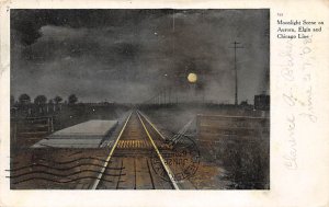 Moonlight Scene on Aurora Elgin and Chicago Line Illinois Train PU Unknown 