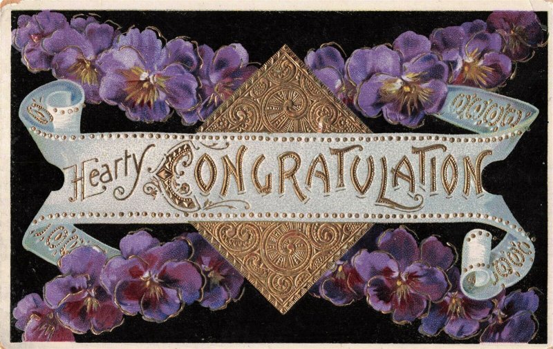 c.1907-15 Gilded Embossed Ribbon Floral Congratulation Postcard 2T6-64 e et