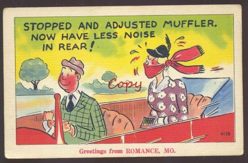 GREETINGS FROM ROMANCE MISSOURI COMIC LINEN MUZZLED WIFE VINTAGE POSTCARD