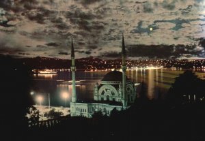 Vintage Postcard Mosque of Dolmabahce & Bosphorus on Moonlight Istanbul Turkey