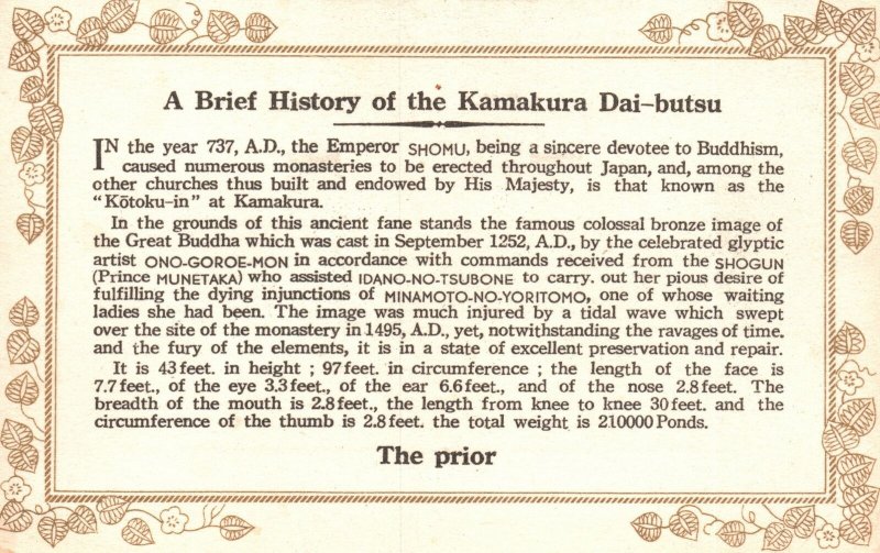 Vintage Postcard 1910's A Brief History of the Kamakura Dai-butsu Bronzed Buddha