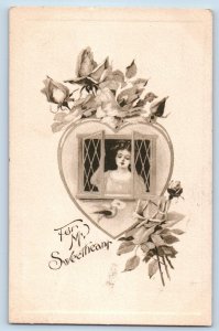 Ottumwa Iowa Postcard Valentine Heart Pretty Woman On Window Flowers 1910 Posted