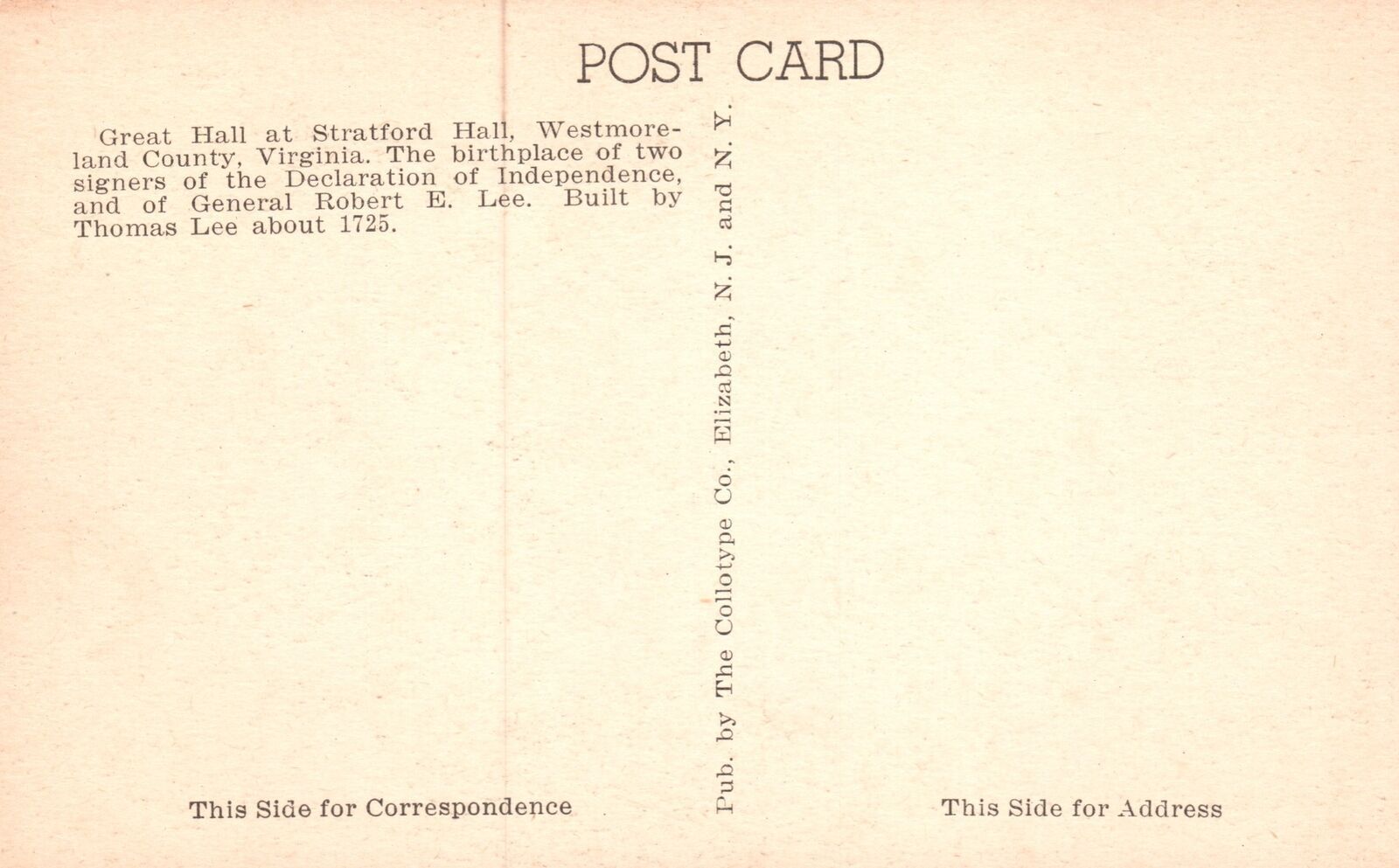 Vintage Postcard Great Hall at Stratford Hall Westmoreland Country