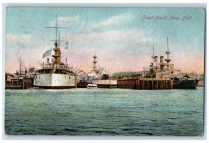 1909 Puget Sound Navy Yard Warship Boat Ships Flags View Washington WA Postcard