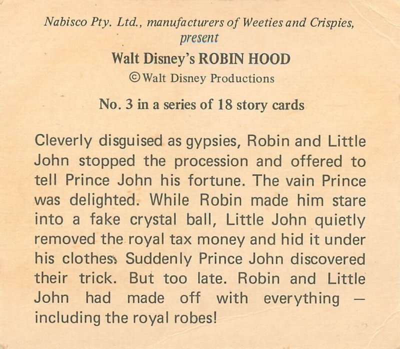 Walt Disney Robin Hood Story Card #3 Robin and Little John as Gypsies Nabisco