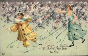 EAS New Year Fantasy Young Boy and Girl Clowns c1910 Vintage Postcard