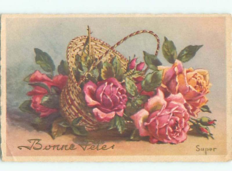 foreign Old Postcard signed ROSE FLOWERS IN THE BASKET AC3773