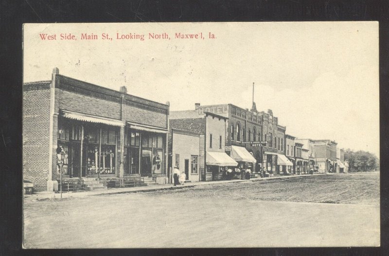 MAXWELL IOWA DOWNTOWN MAIN STREET SCENE STORES VINTAGE POSTCARD 1910