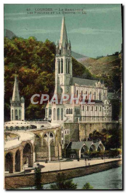 Old Postcard Lourdes Basilica The Pools And The Cave