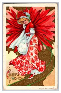 Postcard Christmas Wishes Lady In Poinsettia Dress And Hat John Winsch Card 