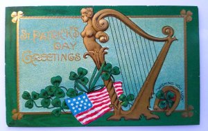 St Patricks Day Postcard Harp US Flag 16 Stars Clovers Embossed 1909 Series 400