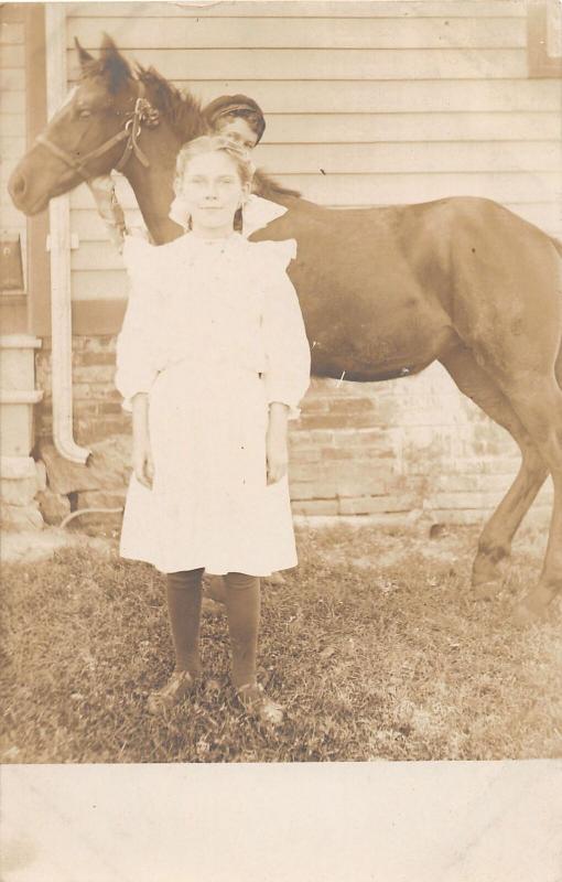 F27/ Animal RPPC Photo Postcard c1910 Girl with Horse 11