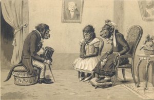 Humanized embossed comic monkeys caricature humor 1900s vintage postcards