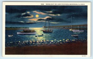 WAUKEGAN, IL ~ MOONLIGHT SCENE on Lake Michigan Boats  c1940s  Linen Postcard