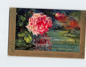 Postcard Birthday Greeting Card with Quote and Roses Embossed Art Print