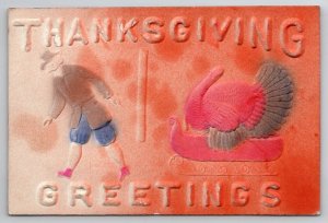 Thanksgiving Pilgrim Pulling Sled With Turkey Airbrushed Postcard S26