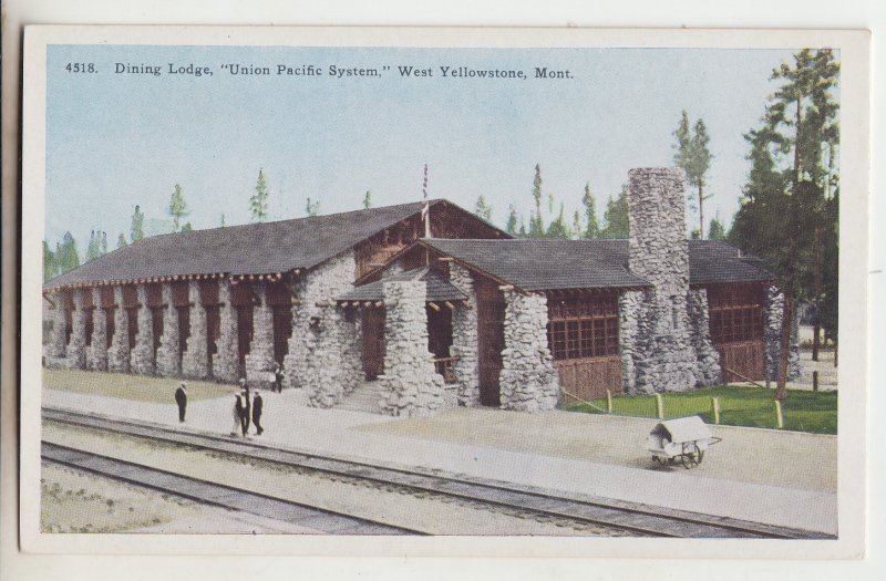 P2858 old postcard dinning lodge view RR tracks union pacific W. yellowstont MT