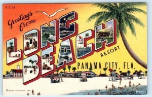 Large Letter Linen LONG BEACH RESORT ~ PANAMA CITY, FL 1940s  Curteich Postcard