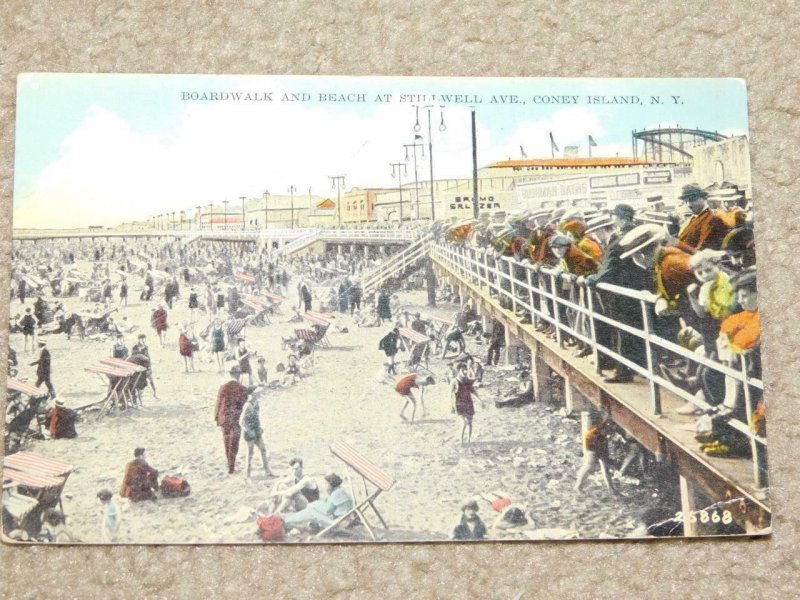 BOARDWALK & BEACH AT STILLWELL AVE., CONEY ISLAND, N.Y. UNUSED VINTAGE CARD