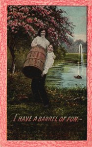 Vintage Postcard 1912 Lovers Dating On Lake Side I Have A Barrel Of Fun