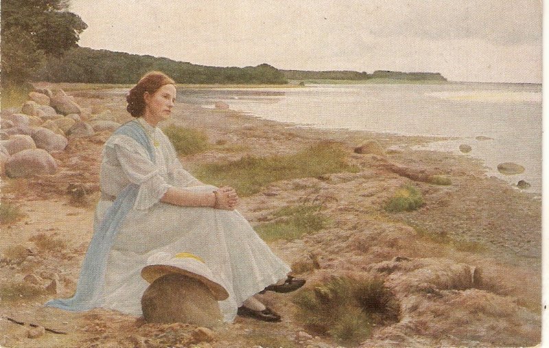 G.Vermehren. Lady waiting by the sea. Senhsucht Fine painting, vintgage Germa