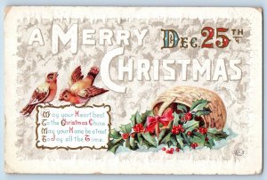 Christmas Postcard Song Birds Holly Berries On Basket Embossed Sheboygan WI 1912