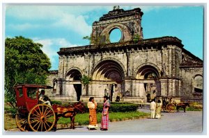 Manila Philippines Postcard Ruins of Cathedral in Intramuros Horse Car c1950's