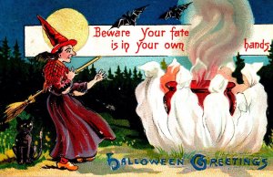 Vintage Witch, Broom, Boiling Cauldron, Ghosts, Bat, Cat,Moon Halloween Postcard