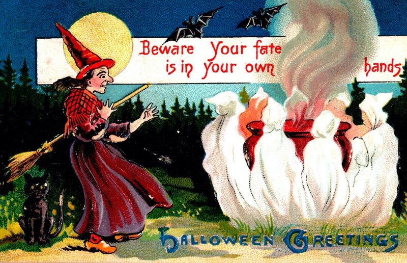 Vintage Witch, Broom, Boiling Cauldron, Ghosts, Bat, Cat,Moon Halloween Postcard