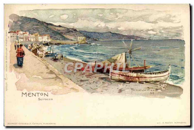 Old Postcard Illustrator Menton Scirocco Boat