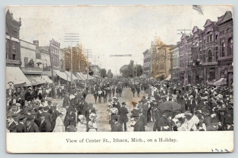 Ithaca MI Picnic Banner~Drug Store~Crowd in the Streets~Three-Story Bldgs~c1910