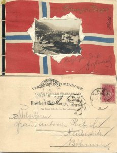 norway norge, BERGEN, National Flag with Harbour Scene (1904) Embossed Postcard