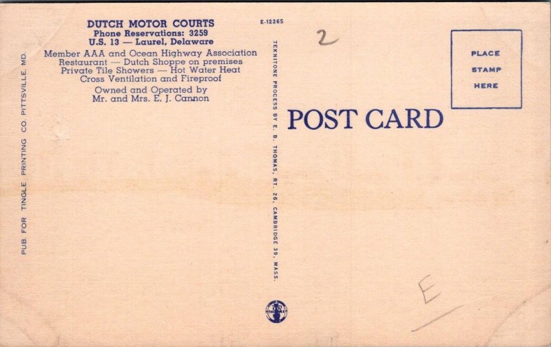 Postcard Dutch Motor Courts Laurel Delaware DE