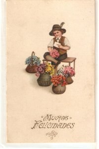 Little boy holding an envelope. Flowers posts Old vintage Spanish Greetings