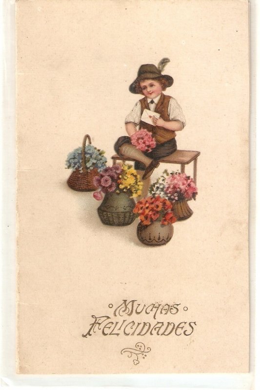 Little boy holding an envelope. Flowers posts Old vintage Spanish Greetings