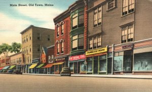 Vintage Postcard 1930s Main Street Old Town Maine Restaurants & Shopping Stores 