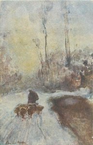 Postcard artist signed painting Emilio Borsa winter landscape
