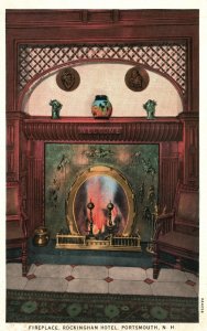 Vintage Postcard Fireplace Chairs Rockingham Hotel Portsmouth New Hampshire AAP