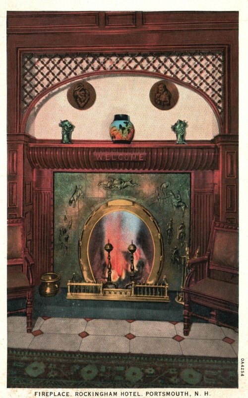Vintage Postcard Fireplace Chairs Rockingham Hotel Portsmouth New Hampshire AAP