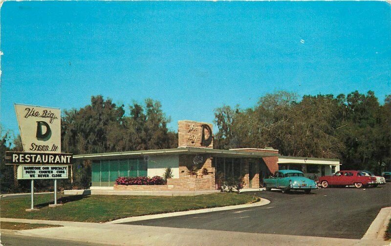 Automobiles Barbecue Restaurant Big D Steer In Ocala Florida 1950s Postcard 6221