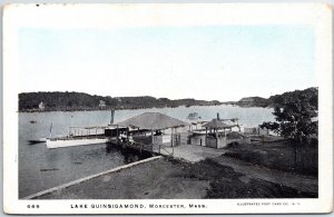 VINTAGE POSTCARD BOAT SCENE AT LAKE QUINSIGAMOND AT WORCESTER MASS GLITTERED